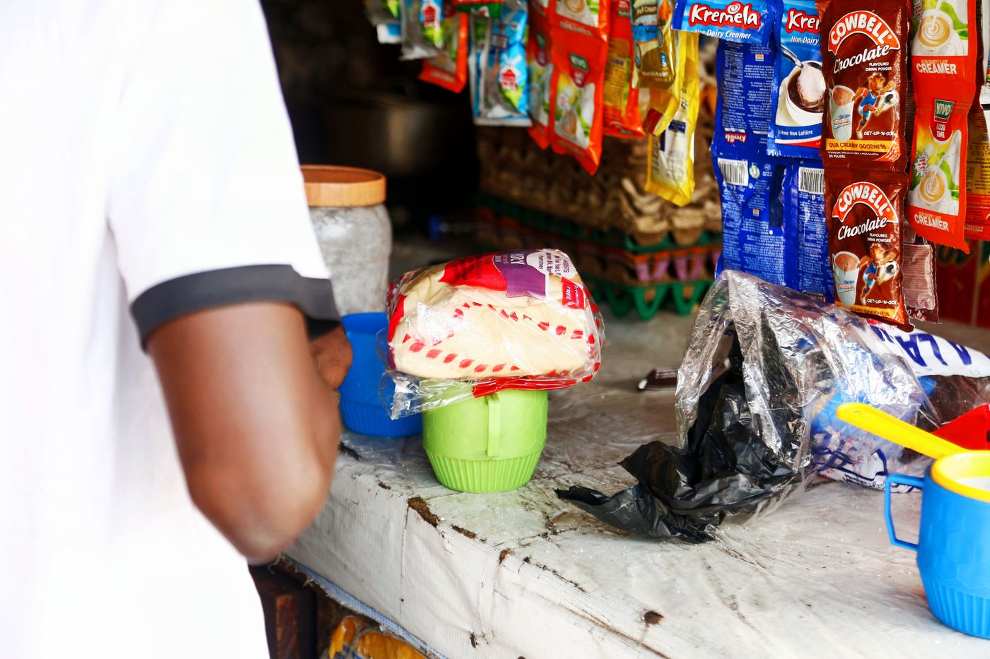 Neatly displayed packaged goods at a local vendor stall