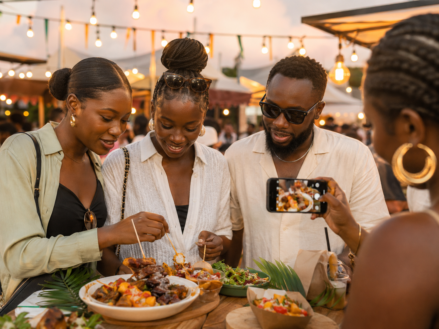 Young food lovers filming and sharing dishes at an evening Accra food festival