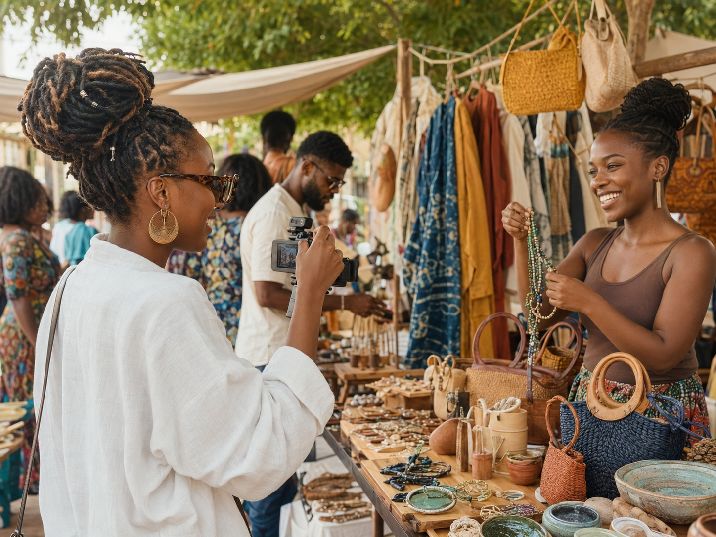 A young creator filming a fashion and artisan vendor at a curated Accra makers market