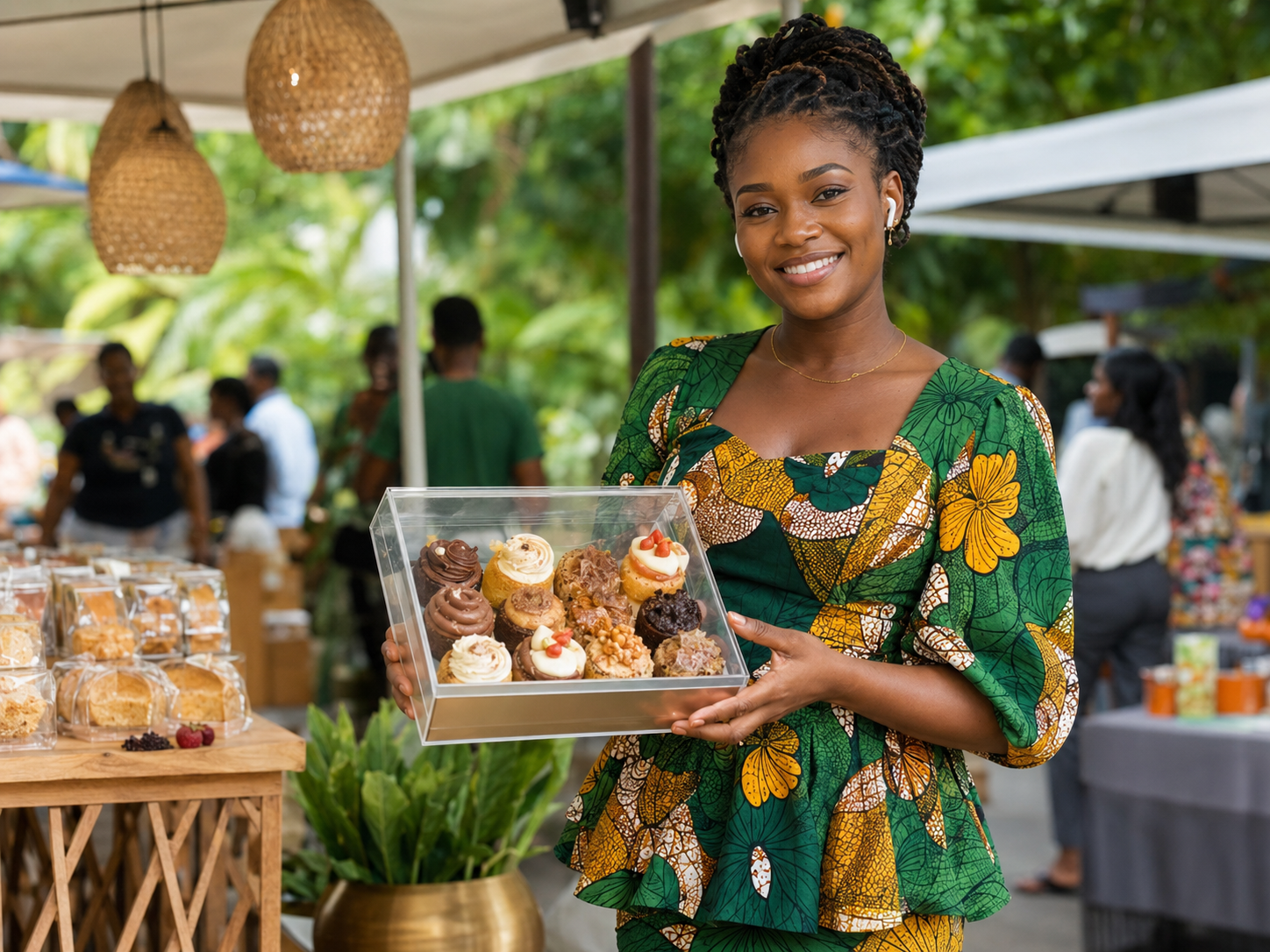 Ghanaian woman in elegant traditional clothing wearing an earbud and presenting mini cakes for sale
