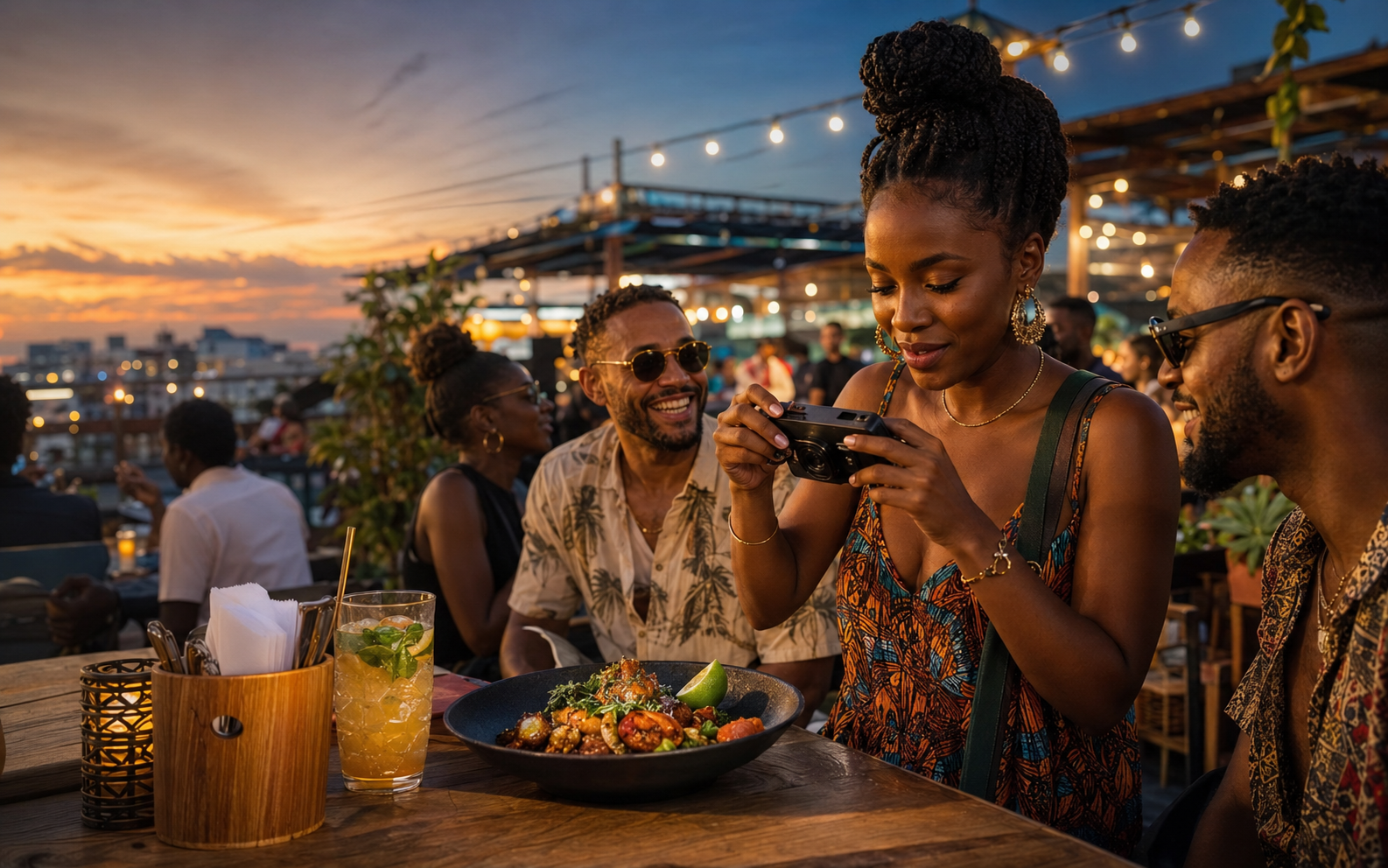Young food lovers and creators filming dishes at a stylish Accra outdoor market at golden-blue hour